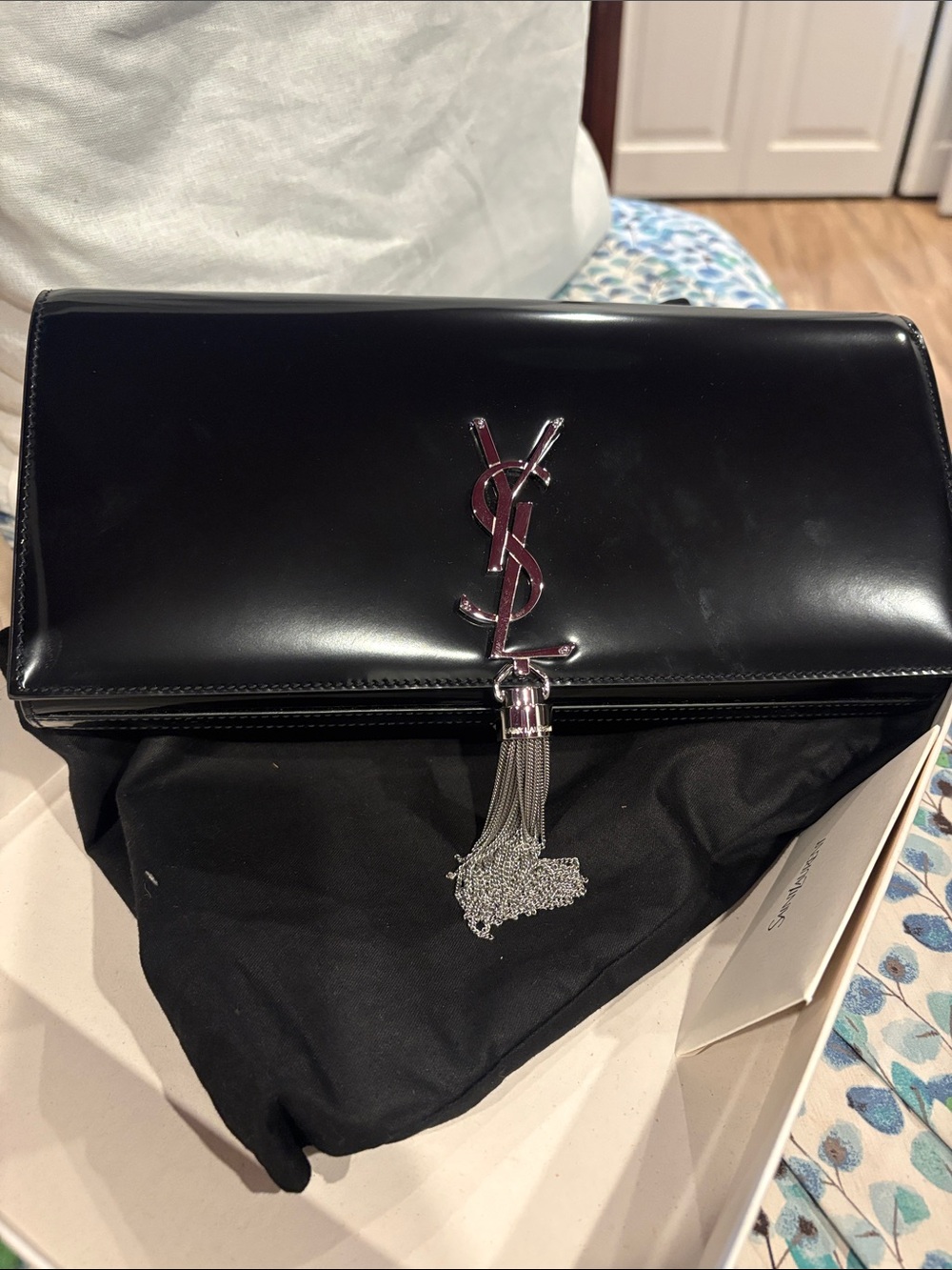 Saint Laurent Black Patent Leather Tassel YSL Clutch
